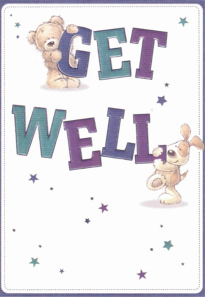A celebration of gentle encouragement unfolds in this illustrated get well card, its spirit resonant with the community heart of Romford. The scene comes alive with the companionship of a whimsical bear and an energetic puppy, both drawn in soft, textured lines that invite a sense of touch - the bear's plush fur and the puppy's downy ears nearly tangible. Around them, luminous stars float across a clean, airy canvas, as if scattering invisible well-wishes down North Street or through the leafy calm of Lodge Farm Park. The typography is robust yet friendly, filled with deep purples and lively aquas that ground the design in cheerful reassurance, much like the serene bouquets that grace many Romford homes after a visit to Florist Romford. There's a tactile quality in every detail: the way the bear's paw lovingly rests atop the 'GET', the puppy's eager nose nudging the word 'WELL'. Sending this card, paired with a bouquet gathered from local blooms, would create a wave of gentle positivity and heartfelt care. Its mood suits Romford's welcoming nature - light, comforting, and perfectly crafted to lift the spirits of anyone on the mend.